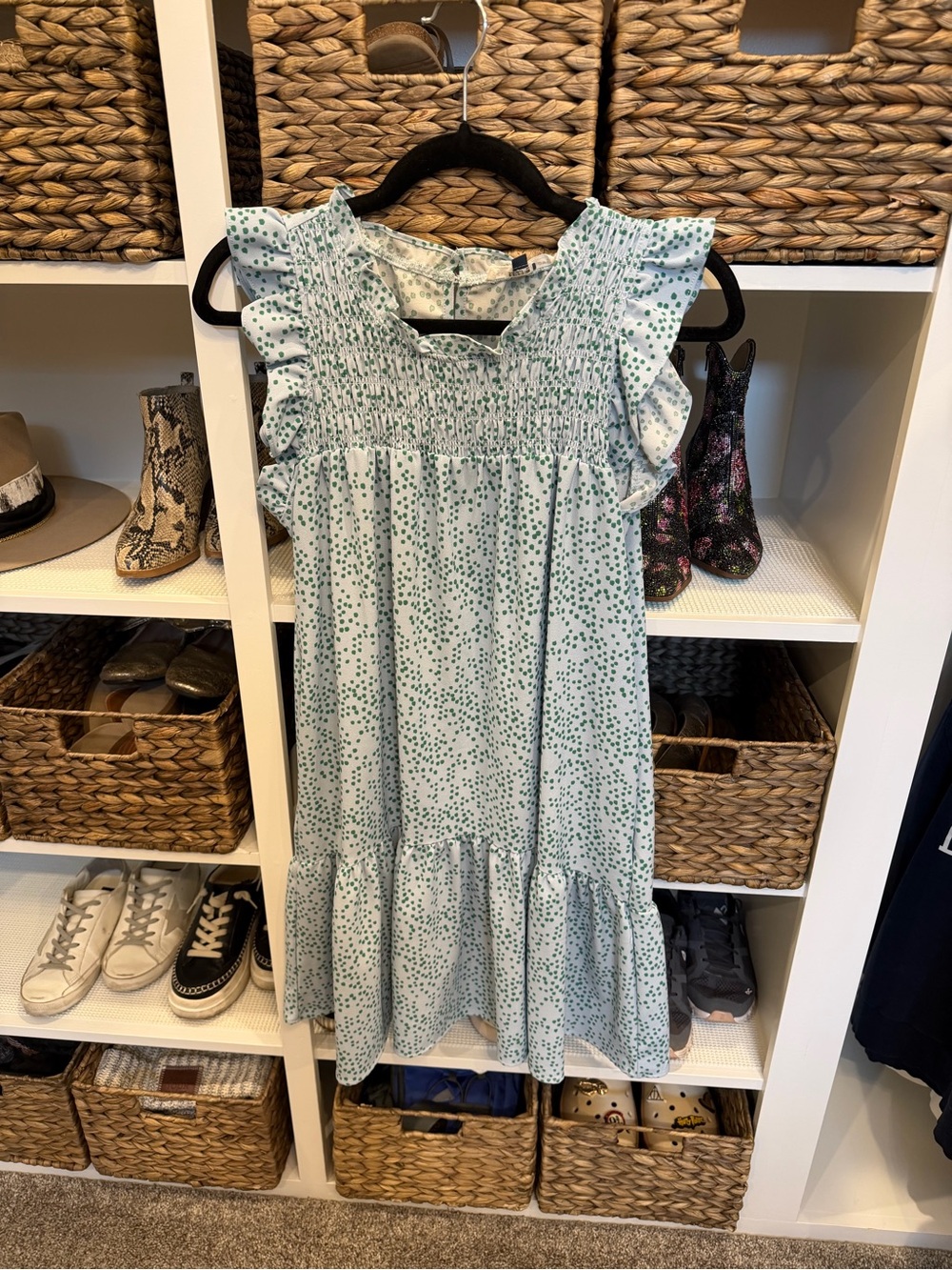 Smocked Flutter-Sleeve Casual Dress in Mint Dot